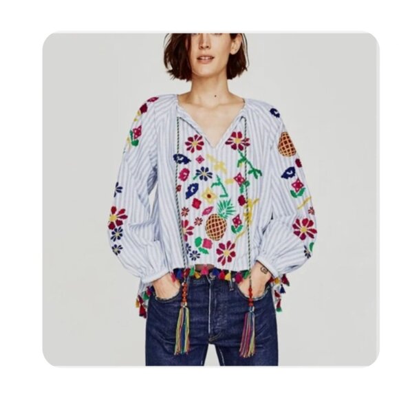 Zara Seersucker Floral Embroidered Striped Pineapple Peasant Top with Tassels - Picture 1 of 10